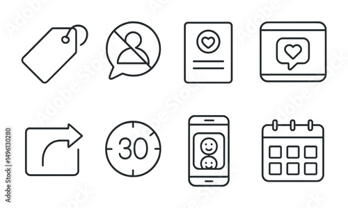 Line style icons of mindful social media use: “scroll with purpose” tag, mute comparison bubble, follow with meaning card, kind comment frame, share intentionally badge, 30-minute timer icon,