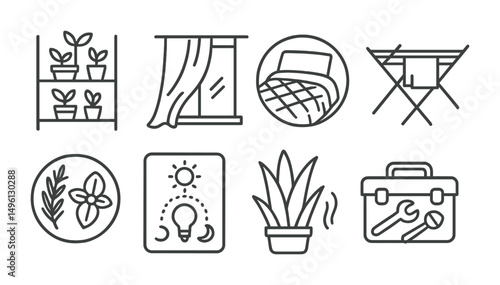 Line style icons of sustainable dorm design: green plant shelf icon, light curtain for warmth, natural fabric bedding badge, shared drying rack sign, eco-scent corner with herbs, smart lighting