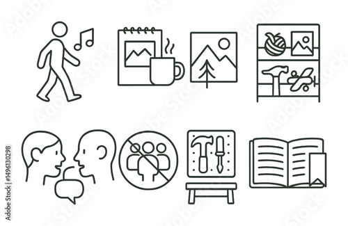 Line style icons of offline joy alternatives: walk with music symbol, sketch pad and mug, outdoor moment card, hands-on hobby shelf, talk face-to-face bubble, no-screen group time sign, DIY corner