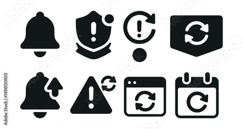 Solid style icons of notification and update alerts: update available bell, badge with update dot, alert circle refresh, update info banner, notification with arrow, warning with update icon, new