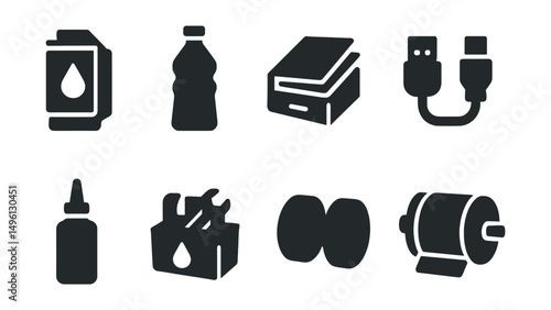 Solid style icons of print accessories and supplies: ink cartridge icon, toner bottle, paper tray icon, printer cable, refill bottle, maintenance kit, feed roller, print drum icon.