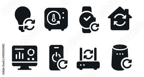 Solid style icons of IoT and smart device updates: smart bulb update, thermostat sync, wearable firmware icon, home device refresh, IoT dashboard update, device reboot icon, router update, smart
