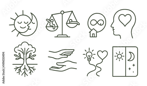 Line style icons of duality and balance: sun + moon sketch, active vs rest scale, inside vs outside loop, head vs heart symbol, grounded vs dreaming tree, give + receive hands, think vs feel path,