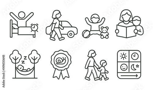 Line style icons of mindful parenting habits: slow morning icon, walk instead of car, screen-free play, shared reading time, outdoor nap zone, no-rush badge, parent-child walk, daily rhythm chart.