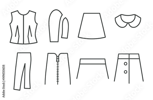 Line style icons of garment construction: bodice front with darts, sleeve + armhole match, skirt panel icon, collar + neckline line, pants leg cutout, zipper-in-back diagram, waistband attached,