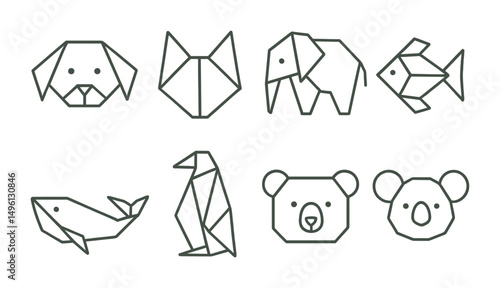 Line style icons of beginner origami animals: folded dog face, origami cat ears, elephant with folds, fish with tail fold, folded whale sketch, penguin upright, bear flat icon, koala outline.