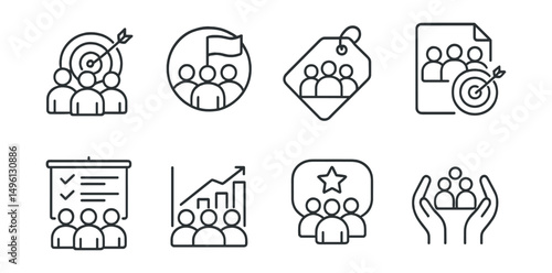 Line style icons of group goals: team target icon, collective effort badge, group project tag, shared objective file, team plan board, team progress chart, group achievement bubble, collaborative