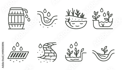 Line style icons of stormwater greening: rain barrel, curb cut swale, retention basin icon, water channel to soil, green roof drain, raingarden overflow symbol, storm filter grate, absorbent path.