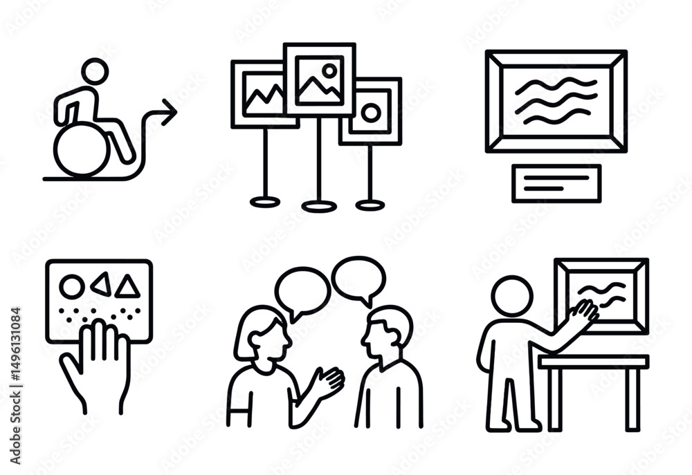 Line style icons of inclusive art exhibition prep: accessible gallery route, multiple height display frame, large-print artwork label, tactile symbol panel, recorded audio description icon, peer-led Line style icons of inclusive art exhibition prep: accessible gallery route, multiple height display frame, large-print artwork label, tactile symbol panel, recorded audio description icon, peer-led
