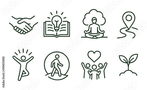 Line style icons of active hope + resilience: peer support hand, journal with light, meditation in park, future map pin, joy in action icon, morning walk badge, group chant heart, seed grow symbol.