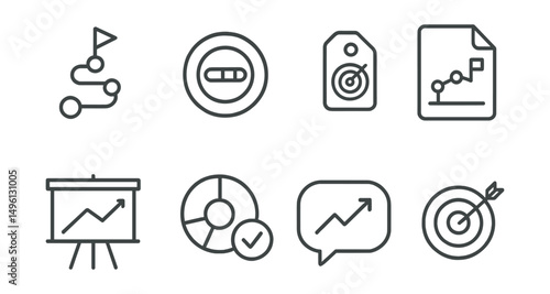 Line style icons of goal tracking: milestone tracker icon, progress bar badge, target achievement tag, goal timeline file, success chart board, completion status chart, progress report bubble, reach