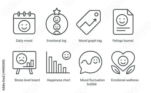 Line style icons of mood trackers: daily mood icon, emotional log badge, mood graph tag, feelings journal file, stress level board, happiness chart, mood fluctuation bubble, emotional wellness symbol