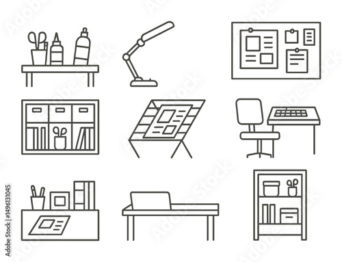 Line style icons of scrapbooking workspace: table with tools icon, daylight lamp for detail, wall inspiration board, organized cubby storage, layout drying rack, chair + cutting mat, tidy desk space,