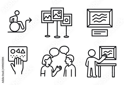 Line style icons of inclusive art exhibition prep: accessible gallery route, multiple height display frame, large-print artwork label, tactile symbol panel, recorded audio description icon, peer-led