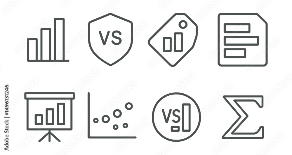 Line style icons of comparison bar charts: grouped bar icon, side-by-side comparison badge, bar difference tag, horizontal stacked file, category chart board, value distribution chart, comparison Line style icons of comparison bar charts: grouped bar icon, side-by-side comparison badge, bar difference tag, horizontal stacked file, category chart board, value distribution chart, comparison