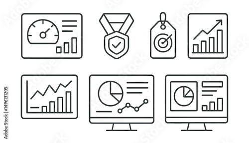 Line style icons of KPI dashboards: performance icon, key metric badge, goal tracker tag, metric board file, indicator chart, results overview board, KPI chart bubble, dashboard symbol.