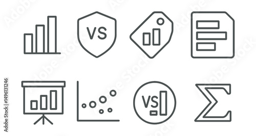Line style icons of comparison bar charts: grouped bar icon, side-by-side comparison badge, bar difference tag, horizontal stacked file, category chart board, value distribution chart, comparison
