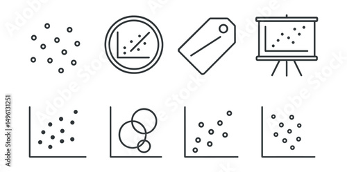 Line style icons of scatter diagrams: data points icon, correlation graph badge, trendline tag, variable data file, distribution chart board, comparison scatter chart, data grouping bubble, plotted