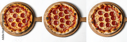 A delicious New York-style pepperoni pizza displayed on a traditional pizza peel, captured in a food photography style against a clean white background.