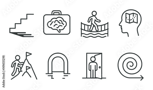 Line style icons of metaphorical journeys: steps with shadows, suitcase of thoughts, crossing emotional bridge, map of inner space, mountain climb with flags, tunnel + reflection line, door to new