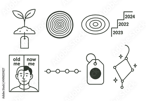 Line style icons of growth and change tracking: sprouting plant with date, rings of time sketch, ripple with circles, staircase with years, “old me / now me” split frame, habits timeline, color of