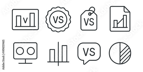 Line style icons of comparison diagrams: side-by-side chart icon, visual comparison badge, side-by-side analysis tag, comparison chart file, value differentiation board, contrast chart, metric
