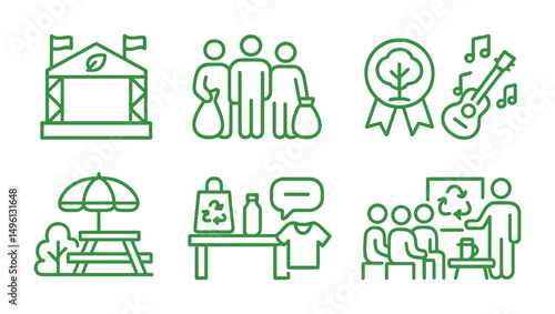 Line style icons of green youth events: eco festival stage, clean-up group icon, tree badge challenge, green music jam, eco picnic zone, zero-waste merch table, talk circle, reuse workshop.