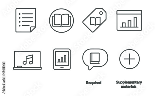Line style icons of course materials: reading list icon, textbook badge, reference guide tag, lecture slides file, audio file board, e-book chart, required readings bubble, supplementary materials