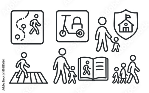 Line style icons of school travel plans: walk-to-school map, scooter parking area, bike lockup sign, green school badge, safe crosswalk path, adult crossing buddy, trip journal, walking bus icon.