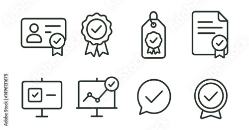 Line style icons of course certifications: credential icon, accredited badge, course diploma tag, certificate file, validation board, certification chart, qualification bubble, official certification