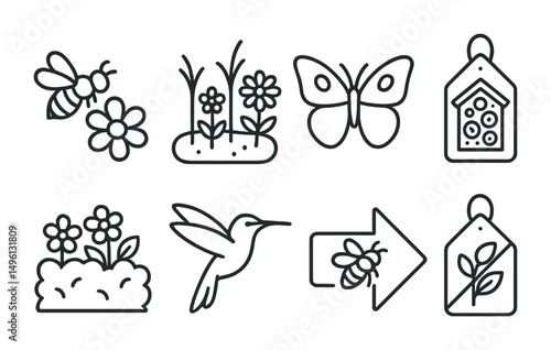 Line style icons of pollinator-friendly planting: bee-attracting flower, nectar plant patch, butterfly landing zone, insect hotel tag, flowering hedge, hummingbird symbol, pollinator path arrow, zero