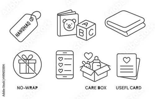 Line style icons of sustainable gifting for babies: handmade tag, storybook set, wooden toy block, organic blanket, no-wrap icon, shared wishlist, care box idea, useful card.