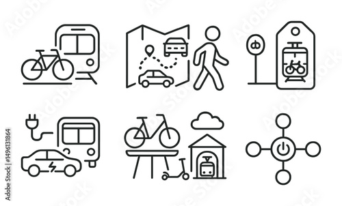 Line style icons of intermodal mobility: bike-to-train icon, ride-to-bus map, walk + transit route, folding bike carrier, bike on tram tag, EV + public combo, last-mile solution icon, smart switch