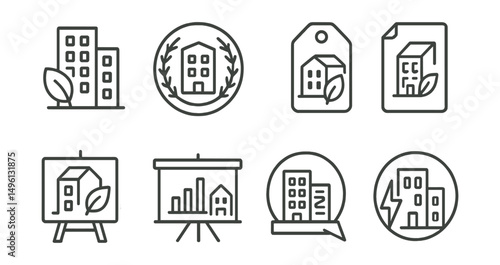 Line style icons of green buildings: energy-efficient building icon, LEED certification badge, green roof tag, energy savings file, eco-friendly design board, sustainable architecture chart, building