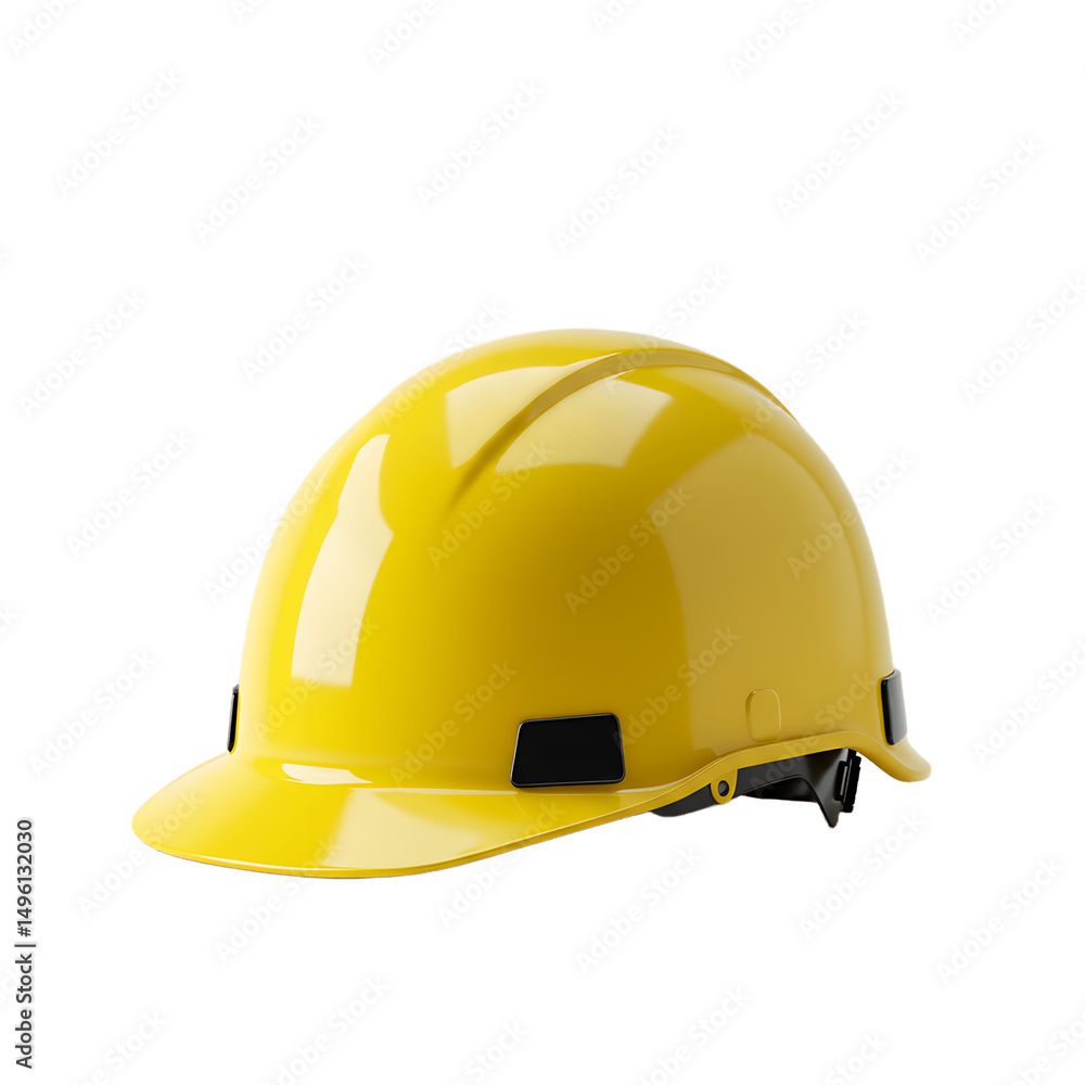 Fototapeta premium Used yellow safety helmet with scratches and dirt marks, isolated on white background