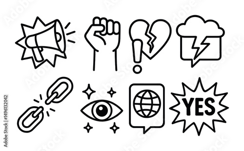Line style icons of visual protest posters: megaphone and bold shape, raised fist and exclamation mark, heart with cracks line, cloud and lightning text frame, broken chain loop, open eye with stars,