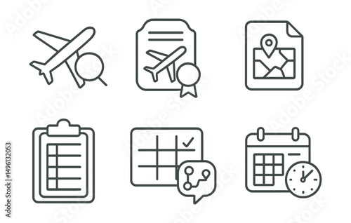 Line style icons of travel planning: flight search icon, travel itinerary badge, trip organizer tag, map search file, tour booking board, day planner chart, route map bubble, trip schedule symbol.