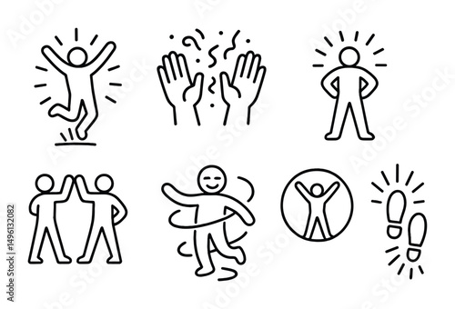 Line style icons of celebration through motion: joy jump in light, hands + confetti swirl, proud pose with rays, victory arms + circle, celebrate together gesture, smile + spiral arms, movement