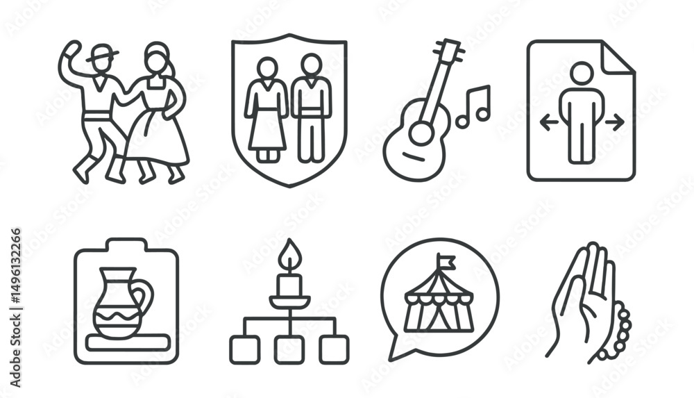 Fototapeta premium Line style icons of cultural traditions: folk dance icon, local attire badge, traditional music tag, customs file, heritage craft board, ritual chart, festival bubble, cultural practice symbol.