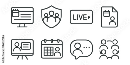 Line style icons of online community events: event post icon, group event badge, live broadcast tag, event participation file, online session board, community calendar chart, live interaction bubble,