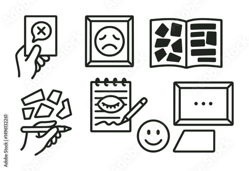 Line style icons of expression without words: silent sketch card, image for today’s feeling, collage from cut pieces, blackout poetry page, draw with closed eyes, emoji + shape story, visual response