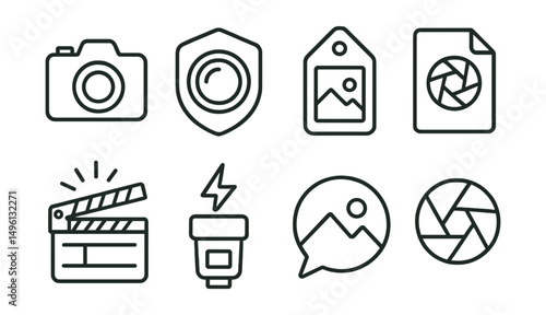 Line style icons of photography: camera icon, lens badge, photo frame tag, shutter speed file, film reel board, flash chart, captured moment bubble, photography symbol.