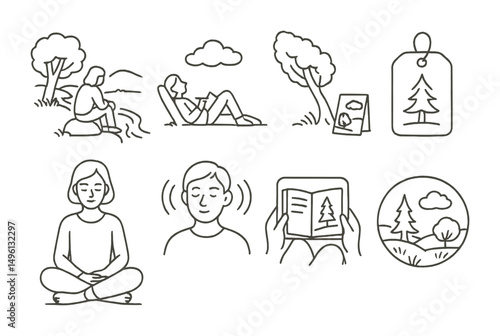 Line style icons of outdoor reflection and rest: sitting by stream sketch, cloud watching + note, tree leaning with sketch, “breathe with forest” tag, stillness in nature icon, eyes closed and listen