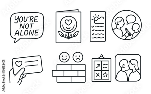 Line style icons of youth-led mental health visibility: “you’re not alone” sketch tag, mental health zine cover, poster with calming tips, talk and draw space symbol, “my coping card” share icon,