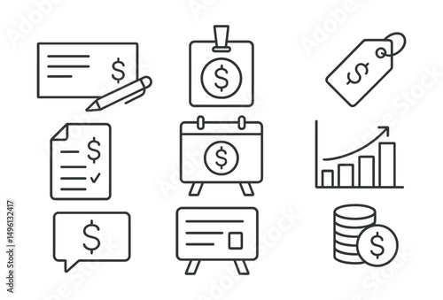 Line style icons of income management: paycheck icon, salary badge, income source tag, tax deductions file, monthly income board, tax bracket chart, payroll bubble, earnings symbol.