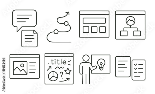 Line style icons of notes for presentations: icon + speech bubble layout, story path sketch, headline with support boxes, flowchart with visuals, image-backed slide page, title card with doodles,