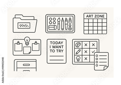 Line style icons of creative organization for teens: labeled sketch folders, drawer with art stuff, color-coded supply tray, art zone planner icon, idea wall with clips, “today I want to try” card,