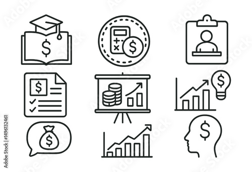 Line style icons of financial literacy: money education icon, budgeting tips badge, finance lesson tag, money management file, wealth-building board, financial tips chart, smart spending bubble,