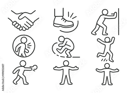 Line style icons of movement and emotion release: shaking hands icon, stomp to sound sketch, push wall to let go frame, fast breath and step badge, roll away emotion path, jumping to shift energy,