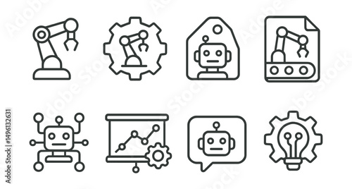 Line style icons of robotics: robot arm icon, automation badge, robotic system tag, assembly line file, robotic process board, mechanical chart, AI-controlled bubble, robotic solution symbol.